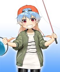 Rule 34 | 1girl, akasaka yuzu, alternate costume, baseball cap, bike shorts, black shorts, blonde hair, blue hair, bucket, commentary request, cowboy shot, fang, fishing rod, gradient background, gradient hair, green background, green jacket, grin, hat, jacket, kantai collection, long hair, multicolored hair, official art, red eyes, red hat, sado (kancolle), shirt, shorts, skin fang, sleeves rolled up, smile, solo, standing, striped clothes, striped shirt, tsurime, white shirt