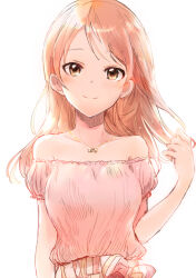 Rule 34 | 1girl, arm garter, bare shoulders, blush, breasts, brown eyes, brown hair, cleavage, closed mouth, collarbone, dot nose, hand up, hojo karen, idolmaster, idolmaster cinderella girls, idolmaster cinderella girls starlight stage, jewelry, long hair, looking at viewer, medium breasts, necklace, pink shirt, shirt, simple background, sleeveless, sleeveless shirt, smile, solo, teuyu, upper body, white background