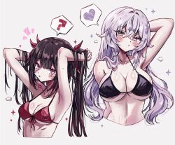 Rule 34 | 2girls, :c, ?, adjusting hair, arm behind back, arm up, bikini, black bikini, black swan (honkai: star rail), blush, bow, breasts, brown hair, cleavage, collarbone, cropped torso, dot nose, front-tie bikini top, front-tie top, gradient hair, hair bow, hand in own hair, heart, highres, honkai: star rail, honkai (series), large breasts, looking at viewer, medium breasts, multicolored hair, multiple girls, navel, open mouth, pink eyes, purple eyes, purple hair, red bikini, red bow, red hair, simple background, sparkle (honkai: star rail), spoken heart, spoken question mark, stomach, string bikini, swimsuit, twintails, usa (usagi minku), white background