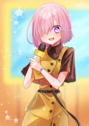 Rule 34 | 1girl, :d, absurdres, alternate costume, black shirt, bracelet, collared shirt, dress, dress shirt, fate/grand order, fate (series), hair over one eye, harukappa, highres, holding, holding microphone, jewelry, looking at viewer, mash kyrielight, medium hair, microphone, open mouth, pinafore dress, pink eyes, pink hair, shirt, short sleeves, sleeveless, sleeveless dress, smile, solo, standing, straight hair, wing collar, yellow dress