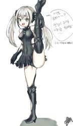 Rule 34 | 1girl, artist request, black panties, breasts, check translation, commentary request, destroyer (girls&#039; frontline), full body, girls&#039; frontline, grey eyes, highres, leg up, looking at viewer, mechanical legs, medium breasts, meme, open mouth, panties, sangvis ferri, signature, simple background, skin tight, solo, split, thighs, translation request, twintails, underwear, white background, white eyes