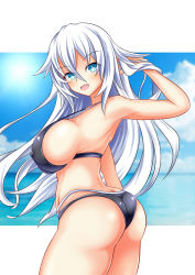 Rule 34 | 1girl, aqua eyes, ass, bare shoulders, bikini, black heart (neptunia), blush, breasts, butt crack, come hither, from behind, highres, kyou (hibikit), large breasts, long hair, looking at viewer, neptune (series), open mouth, shiny clothes, shiny skin, sideboob, smile, solo, swimsuit, thick thighs, thighs, very long hair, white hair