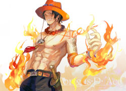 Rule 34 | 1boy, abs, achyue, belt, bracelet, character name, fire, freckles, hat, jewelry, knife, male focus, necklace, one piece, portgas d. ace, sheath, sheathed, topless male, smile, solo, stampede string, tattoo, wallpaper