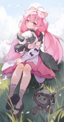 Rule 34 | &gt; &lt;, + +, 1girl, ahoge, animal ears, anke (wuthering waves), blue eyes, cloudyman, demon, detached sleeves, dress, grass, hair ornament, highres, holding, looking at viewer, low twintails, outdoors, pink hair, sheep, shoes, sitting, sky, smile, twintails, wuthering waves