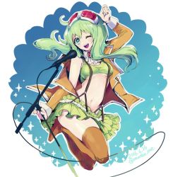 Rule 34 | 1girl, 2016, :d, ;), ;d, alternate costume, arm up, blush stickers, breasts, dated, frilled skirt, frills, full body, goggles, goggles on head, green eyes, green hair, gumi, jacket, manbou no ane, gumi (v3 megpoid), microphone, navel, off shoulder, one eye closed, open clothes, open jacket, open mouth, orange thighhighs, red-tinted eyewear, short hair, skirt, small breasts, smile, suspender skirt, suspenders, thighhighs, tinted eyewear, twitter username, underboob, vocaloid