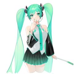 Rule 34 | 1girl, bare shoulders, black skirt, black sleeves, breasts, cowboy shot, cropped legs, detached sleeves, finger to mouth, fingernails, food, green eyes, green hair, green nails, grey background, grey shirt, hatsune miku, highres, holding, holding food, holding spring onion, holding vegetable, long fingernails, long hair, looking at viewer, medium breasts, miniskirt, nail polish, necktie, ohisashiburi, pleated skirt, shirt, simple background, skirt, smile, solo, spring onion, thighhighs, twintails, vegetable, very long hair, vocaloid, white background