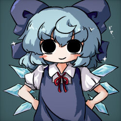 Rule 34 | 1girl, aqua background, black eyes, blue bow, blue dress, blue hair, blush, bow, cirno, closed mouth, detached wings, dress, flat chest, hair between eyes, hair bow, hands on own hips, heripantomorrow, ice, ice wings, light blue hair, looking at viewer, neck ribbon, no nose, puffy short sleeves, puffy sleeves, red ribbon, ribbon, short sleeves, simple background, smile, solo, touhou, upper body, v-shaped eyebrows, wavy hair, wings