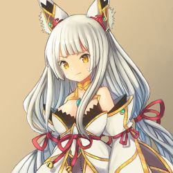 Rule 34 | 1girl, animal ears, bad id, bad twitter id, blush, breasts, cat ears, gloves, highres, large breasts, leotard, long hair, looking at viewer, marekamico, nia (blade) (xenoblade), nia (xenoblade), nintendo, niyah, ribbon, silver hair, simple background, smile, solo, spoilers, twintails, white gloves, xenoblade chronicles (series), xenoblade chronicles 2, yellow eyes