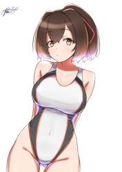 Rule 34 | 1girl, alternate costume, ayuman, black one-piece swimsuit, brown eyes, brown hair, competition swimsuit, covered navel, cowboy shot, hair ribbon, highleg, highleg leotard, highres, ise (kancolle), kantai collection, leotard, multicolored clothes, multicolored swimsuit, one-piece swimsuit, ponytail, red ribbon, ribbon, short hair, simple background, solo, standing, swimsuit, white background, white one-piece swimsuit