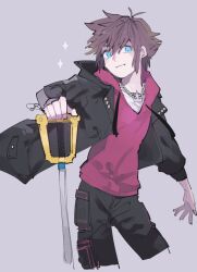 1boy blue_eyes brown_hair chain chain_necklace crown_(symbol) crown_necklace holding hood jewelry keyblade kingdom_hearts light_smile male_focus necklace shirt short_hair smile sora_(kingdom_hearts) spiked_hair sprout198 standing