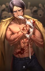 Rule 34 | abs, absurdres, akira (nupekwa), bad id, bad twitter id, bandaged hand, bandages, black eyes, black hair, blood, blood on face, blood on hands, blue pants, dark-skinned male, dark skin, golden kamuy, highres, koito otonoshin, male focus, multiple boys, muscular, muscular male, navel, open clothes, pants, short hair, thick eyebrows, topless male