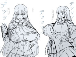 Rule 34 | 1girl, alternate breast size, anger vein, arm up, blunt bangs, breasts, buttons, clipboard, cross, cross hair ornament, girls&#039; frontline, hair ornament, hand on own hip, hk416 (girls&#039; frontline), huge breasts, iron cross, long hair, long sleeves, looking at viewer, melon22, monochrome, multiple views, pleated skirt, pocket, shirt, skirt, standing, tactical clothes, translation request, upper body, very long hair