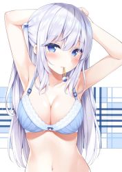 Rule 34 | 1girl, armpits, arms behind head, arms up, bare arms, bare shoulders, blue bra, blue eyes, blush, bow, bow bra, bra, breasts, cleavage, collarbone, commentary request, hair between eyes, hair bobbles, hair ornament, hair tie in mouth, jpeg artifacts, karutamo, large breasts, long hair, looking at viewer, mole, mole under eye, mouth hold, navel, one side up, original, sidelocks, solo, stomach, underwear, underwear only, upper body, white hair