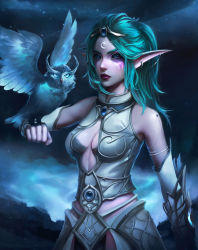 Rule 34 | 1girl, absurdres, alisa nilsen, armor, bird, blue background, blue eyes, blue sclera, boobplate, breastplate, breasts, closed mouth, colored sclera, colored skin, cowboy shot, detached sleeves, diadem, earrings, elf, green hair, hand up, highres, jewelry, lipstick, long hair, looking at viewer, makeup, medium breasts, night elf (warcraft), night elf (warcraft), owl, parted lips, pelvic curtain, pink skin, pointy ears, ponytail, purple lips, solo, standing, tyrande whisperwind, warcraft, world of warcraft