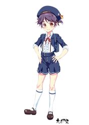 Rule 34 | 1girl, backpack, bag, beret, blush, center frills, collared shirt, frills, full body, grey hair, hands on own hips, hat, highres, jacket, kneehighs, looking at viewer, mary janes, neck ribbon, open clothes, open jacket, original, red ribbon, ribbon, school bag, school uniform, shirt, shoes, short hair, shorts, smile, socks, solo, tanabe kyou, tomboy, white shirt, white socks, yellow eyes