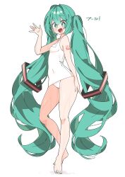 Rule 34 | 1girl, :d, absurdres, aqua eyes, aqua hair, aqua nails, arm up, bare shoulders, barefoot, bright pupils, dripping, full body, hair between eyes, hair intakes, hand on own thigh, hatsune miku, highres, long hair, looking at viewer, no nose, one-piece swimsuit, open mouth, panties, shoulder tattoo, smile, solo, swimsuit, tattoo, thick thighs, thighs, underwear, uruti 2388, very long hair, vocaloid, waving, wet, wet clothes, wet swimsuit, white background, white one-piece swimsuit, white panties, white pupils