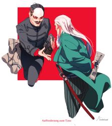 Rule 34 | 2boys, artist name, beard, black eyes, black hair, black jacket, black pants, collared jacket, commentary request, facial hair, forehead protector, from behind, german text, goatee, golden kamuy, green pants, hair slicked back, highres, hijikata toshizou (golden kamuy), holding, imperial japanese army, jacket, japanese clothes, katana, liquid, long hair, long sleeves, looking at another, male focus, map, military, military uniform, multiple boys, mustache, old, old man, open mouth, pants, red background, scar, scar on face, sheath, sheathed, short hair, simple background, smile, standing, striped clothes, striped pants, sword, teeth, translated, tsurumi tokushirou, uniform, upper body, weapon, white background, white hair, zifletts