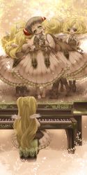 Rule 34 | 6+girls, :d, barefoot, blonde hair, brown footwear, brown hair, brown legwear, brown vest, closed mouth, hairband, head tilt, high heels, highres, instrument, long hair, mamaloni, multiple girls, music, open mouth, original, pantyhose, piano, playing instrument, purple eyes, sitting, skirt, smile, standing, twintails, vest, white skirt, white wings, wings, yellow eyes