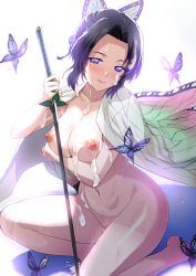 Rule 34 | 1girl, :q, barefoot, black hair, breasts, bug, butterfly, butterfly hair ornament, cleavage, closed mouth, collarbone, cum, cum on body, cum on breasts, cum on hair, cum on upper body, gradient hair, hair intakes, hair ornament, haori, highres, holding, holding sword, holding weapon, insect, japanese clothes, katana, kimetsu no yaiba, kochou shinobu, large breasts, multicolored hair, nipples, nude, on one knee, onigirikun, purple eyes, purple hair, shiny skin, short hair, simple background, smile, solo, sword, tongue, tongue out, weapon, white background