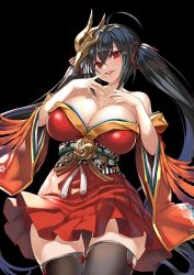 Rule 34 | 1girl, ahoge, azur lane, bare shoulders, black background, black hair, black thighhighs, breasts, cleavage, collarbone, commentary request, crossed bangs, feather-trimmed sleeves, floating hair, hair between eyes, hair ribbon, head tilt, japanese clothes, jpeg artifacts, kaorihero, kimono, large breasts, long hair, long sleeves, looking at viewer, mask, mask on head, off shoulder, open mouth, red eyes, red kimono, red ribbon, ribbon, simple background, smile, solo, striped ribbon, taihou (azur lane), thighhighs, thighs, twintails, very long hair, wide sleeves