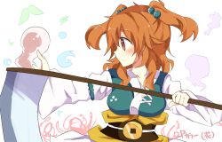 Rule 34 | 1girl, alternate hair color, bad id, bad twitter id, breasts, hair ornament, japanese clothes, large breasts, long sleeves, onozuka komachi, orange hair, sash, scythe, simple background, solo, to-den (v-rinmiku), touhou, twintails, two side up, white background