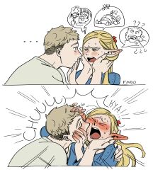 Rule 34 | 1boy, 1girl, absurdres, angry, blonde hair, blue robe, blush, dungeon meshi, elf, findoworld, flustered, frown, green hair, highres, kiss, laios touden, long hair, looking at another, marcille donato, pointy ears, robe, shirt, short hair, simple background, sweat, white background
