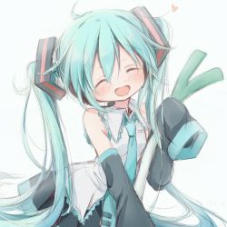 Rule 34 | 1girl, ahoge, aqua hair, aqua necktie, bad id, bad twitter id, bare shoulders, black skirt, black sleeves, closed eyes, commentary, detached sleeves, food, hair ornament, hatsune miku, headphones, headset, heart, highres, hitode, holding, holding food, holding spring onion, holding vegetable, long hair, long sleeves, necktie, shirt, sitting, skirt, sleeveless, sleeveless shirt, sleeves past fingers, sleeves past wrists, smile, solo, spring onion, twintails, upper body, vegetable, very long hair, vocaloid, white background, white shirt