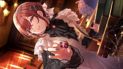 Rule 34 | 1girl, black nails, chocolate, food, game cg, higuchi madoka, idolmaster, idolmaster shiny colors, maid, monocle, official art, red eyes, red hair, silk, smile, solo, spider web