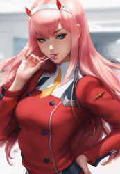 Rule 34 | 10s, 1girl, blue eyes, breasts, candy, darling in the franxx, food, food in mouth, hairband, hand on own hip, highres, horns, lollipop, long hair, long sleeves, medium breasts, military, military uniform, parted lips, pink hair, revision, solo, stanley lau, uniform, upper body, very long hair, zero two (darling in the franxx)