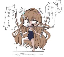 Rule 34 | 1girl, aisaka taiga, anger vein, angry, blue one-piece swimsuit, brown hair, chibi, empty eyes, hair between eyes, holding, holding sword, holding weapon, long hair, one-piece swimsuit, one piece, open mouth, parody, sidelocks, simple background, solo, sound effects, speech bubble, swimsuit, sword, teeth, tft (tft7822), toradora!, translated, v-shaped eyebrows, very long hair, wavy hair, weapon, white background, wooden sword