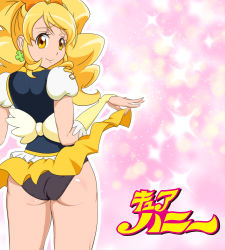 Rule 34 | 1girl, ass, black panties, blonde hair, bow, character name, clothes lift, cure honey, cutie honey, earrings, from behind, hair bow, happinesscharge precure!, jewelry, long hair, looking back, name connection, oomori yuuko, panties, parody, pink background, precure, silverchario, skirt, skirt lift, smile, solo, sparkle, underwear, upskirt, wide ponytail, wrist cuffs, yellow eyes, yellow skirt