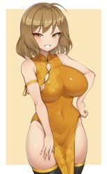 Rule 34 | 1girl, ajidot, anis (nikke), breasts, china dress, chinese clothes, covered erect nipples, dress, goddess of victory: nikke, highres, large breasts, looking at viewer, navel, smile, solo, thighhighs, yellow eyes