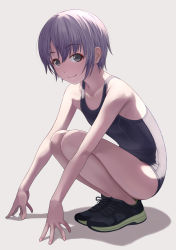 Rule 34 | 1girl, breasts, commentary request, grey eyes, grey hair, highres, idolmaster, idolmaster cinderella girls, looking at viewer, nekopuchi, otokura yuuki, school swimsuit, shoes, short hair, simple background, small breasts, smile, sneakers, solo, squatting, swimsuit, white background