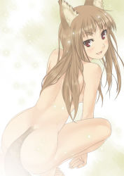 Rule 34 | 00s, 1girl, animal ears, barefoot, fang, holo, looking back, mizuki makoto, nude, smile, solo, spice and wolf, tail, wolf ears, wolf tail