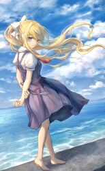 Rule 34 | 1girl, air (visual novel), arms behind back, ascot, barefoot, black dress, blonde hair, blue eyes, blue sky, closed mouth, cloud, commentary request, dress, full body, highres, holding own arm, horizon, kamio misuzu, kurau476, long hair, looking at viewer, ocean, outdoors, ponytail, red ascot, shirt, short sleeves, sky, solo, summer, white shirt