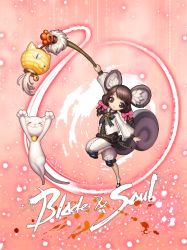 Rule 34 | 10s, absurdres, animal ear fluff, animal ears, bad id, bad pixiv id, blade &amp; soul, brown eyes, brown hair, cat, highres, jumping, lantern, long hair, lyn (blade &amp; soul), ribbon, smile, solo, squirrel ears, standing, standing on one leg, tail, twintails