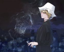 Rule 34 | 1girl, alternate costume, black dress, blonde hair, cigarette, city lights, cityscape, contemporary, dress, hat, highres, holding, holding cigarette, long sleeves, looking at viewer, maribel hearn, mob cap, night, scenery, shiba 0203, short hair, smile, smoke, smoking, solo, touhou, white hat