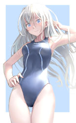 Rule 34 | 1girl, blue eyes, blue one-piece swimsuit, breasts, competition swimsuit, cowboy shot, grey one-piece swimsuit, hand on own hip, highleg, highleg swimsuit, katahira masashi, long hair, looking at viewer, medium breasts, one-piece swimsuit, original, solo, standing, swimsuit, thigh gap, white hair