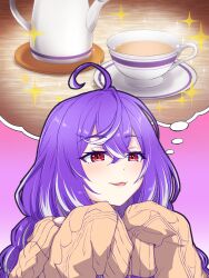 Rule 34 | 1girl, ahoge, alternate costume, blush, brown sweater, coffee, commentary request, cowlick, crossed bangs, hair between eyes, highres, hiyoku no crosspiece, imagining, jyaco, long bangs, multicolored hair, nanashi inc., open mouth, purple hair, red eyes, saucer, shisui kiki, sleeves past fingers, sleeves past wrists, smile, sparkle, streaked hair, sweater, textless version, thought bubble, two-tone hair, upper body, virtual youtuber, white hair