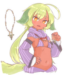 Rule 34 | 1girl, ahoge, animal ears, babalilo, bad id, bad tumblr id, bikini, bikini top only, bright pupils, brown eyes, dark-skinned female, dark skin, detached collar, detached sleeves, dog ears, dog girl, dog tail, fang, green hair, hand on own hip, holding, holding jewelry, holding necklace, jewelry, large tail, long hair, looking at viewer, low twintails, midriff, nail polish, navel, necklace, open mouth, original, sketch, smile, solo, swimsuit, tail, titi (babalilo), twintails