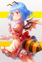 Rule 34 | &gt;:), 1girl, 60mai, antennae, arthropod girl, bat wings, bloomers, blue hair, blush, bow, commentary request, cowboy shot, dress, fang, fang out, flower, fur collar, grey background, holding, holding flower, nail polish, no headwear, pink dress, puffy short sleeves, puffy sleeves, purple flower, red bow, red eyes, red nails, remilia scarlet, short dress, short hair, short sleeves, simple background, smile, solo, standing, touhou, underwear, v-shaped eyebrows, white bloomers, wings, wrist cuffs