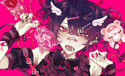 Rule 34 | 1boy, bandaid, bandaid on face, bandaid on nose, bare shoulders, black hair, black nails, blush, bow, candy, collared shirt, detached sleeves, earrings, fangs, fingernails, food, frills, gloves, hair ornament, hairclip, hands up, heart, heart hair ornament, highres, holding, jewelry, kuroume (aihikarikuroume24), lollipop, looking at viewer, multicolored hair, nail polish, open mouth, original, pink background, puffy short sleeves, puffy sleeves, red eyes, red hair, saliva, sharp fingernails, shirt, short sleeves, simple background, solo, star (symbol), teeth, two-tone hair, upper body, wing hair ornament