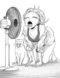 Rule 34 | 1girl, all fours, anjou (yancha gal), barefoot, breasts, cat, cleavage, downblouse, electric fan, closed eyes, full body, greyscale, hot, medium hair, monochrome, open clothes, open mouth, open shirt, sleeves pushed up, small breasts, sweat, yancha gal no anjou-san, yuuichi katou