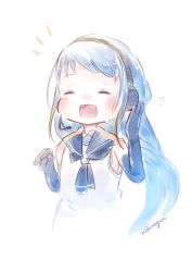 Rule 34 | 1girl, artist name, blue hair, blush, closed eyes, gloves, happy, headphones, highres, kantai collection, long hair, open mouth, rabbitmegumi, sailor collar, samidare (kancolle), simple background, solo, tearing up, tears, uniform, very long hair, white background