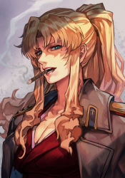 Rule 34 | 1girl, aqua eyes, balalaika (black lagoon), black lagoon, blonde hair, breasts, cigar, cleavage, coat, formal, hungry clicker, large breasts, lips, long hair, looking at viewer, mole, mole under eye, pant suit, pants, scar, scar across eye, scar on face, smoking, solo, suit, traditional media, upper body