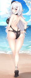 Rule 34 | 1girl, adjusting clothes, adjusting swimsuit, ass, azur lane, back, beach, black flower, black footwear, black one-piece swimsuit, black rose, breasts, cleavage, crossed legs, dated, day, flower, from behind, full body, graf zeppelin (azur lane), graf zeppelin (beachside urd) (azur lane), hair between eyes, hair flower, hair ornament, high heels, highres, large breasts, light rays, long hair, looking at viewer, looking back, messy hair, ocean, one-piece swimsuit, outdoors, parted lips, purple eyes, rose, sand, shoulder blades, sidelocks, signature, silver hair, skindentation, solo, sunlight, swimsuit, thighs, twisted torso, twitter username, unel, very long hair, watson cross, wrist straps