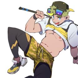 Rule 34 | 1boy, animal crossing, arm support, backwards hat, blonde hair, blue eyes, c.j. (animal crossing), clothes lift, fishing rod, freckles, hat, huan shi tian tong, pantyhose under shorts, looking at viewer, male focus, nintendo, nipples, pantyhose, personification, shirt lift, shoes, short sleeves, shorts, sitting, smile, sneakers, solo, thick eyebrows, vest, yellow shorts