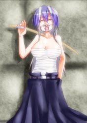 Rule 34 | 1girl, blue hair, bokken, breasts, cleavage, contemporary, delinquent, female focus, hand in pocket, kamishirasawa keine, large breasts, long hair, long skirt, mask, mouth mask, sarashi, skirt, solo, sukeban, surgical mask, sword, takorice, touhou, weapon, wooden sword