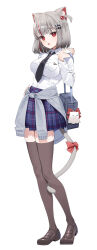 Rule 34 | 1girl, a20 (atsumaru), animal ears, bag, black necktie, bow, breasts, brown footwear, cat ears, cat girl, cat tail, clothes around waist, collar, collared shirt, earrings, extra ears, fang, full body, grey bag, grey hair, highres, jacket, jacket around waist, jewelry, large breasts, loafers, long sleeves, looking at viewer, multicolored hair, necktie, neneko mashiro, parted lips, pleated skirt, red bow, red eyes, red hair, school bag, school uniform, shirt, shoes, short hair, simple background, skirt, solo, standing, stellive, streaked hair, tail, tail bow, tail ornament, thighhighs, virtual youtuber, white background, white collar, white shirt, zettai ryouiki