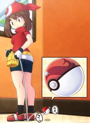 Rule 34 | 00s, 1girl, ass, bad id, bad pixiv id, bandana, bike shorts, blue eyes, brown hair, creatures (company), fanny pack, from behind, full body, game freak, gen 3 pokemon, gloves, highres, inset, komimiyako, may (pokemon), nintendo, poke ball, poke ball (basic), pokemon, pokemon (creature), pokemon rse, shoes, short sleeves, smile, sneakers, solo focus, two side up, wailord